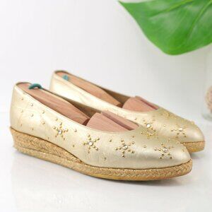 Stuart Weitzman Womens Espadrille Flats Size 5 W Gold Leather Beaded Rhinestones